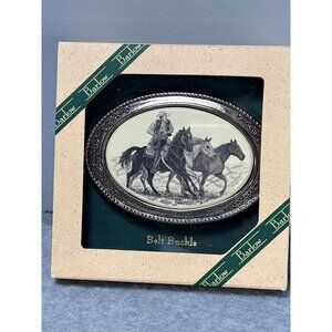 Vintage Barlow Designs Oval Belt Buckle With Cowboy & Horses Artwork Pewter Fini